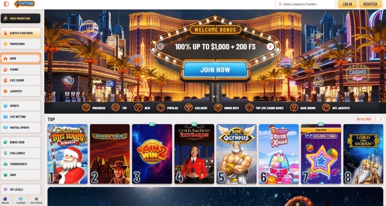 Wyns Casino homepage with the casino welcome bonus of 100% up to $1,000 + 200 free spins